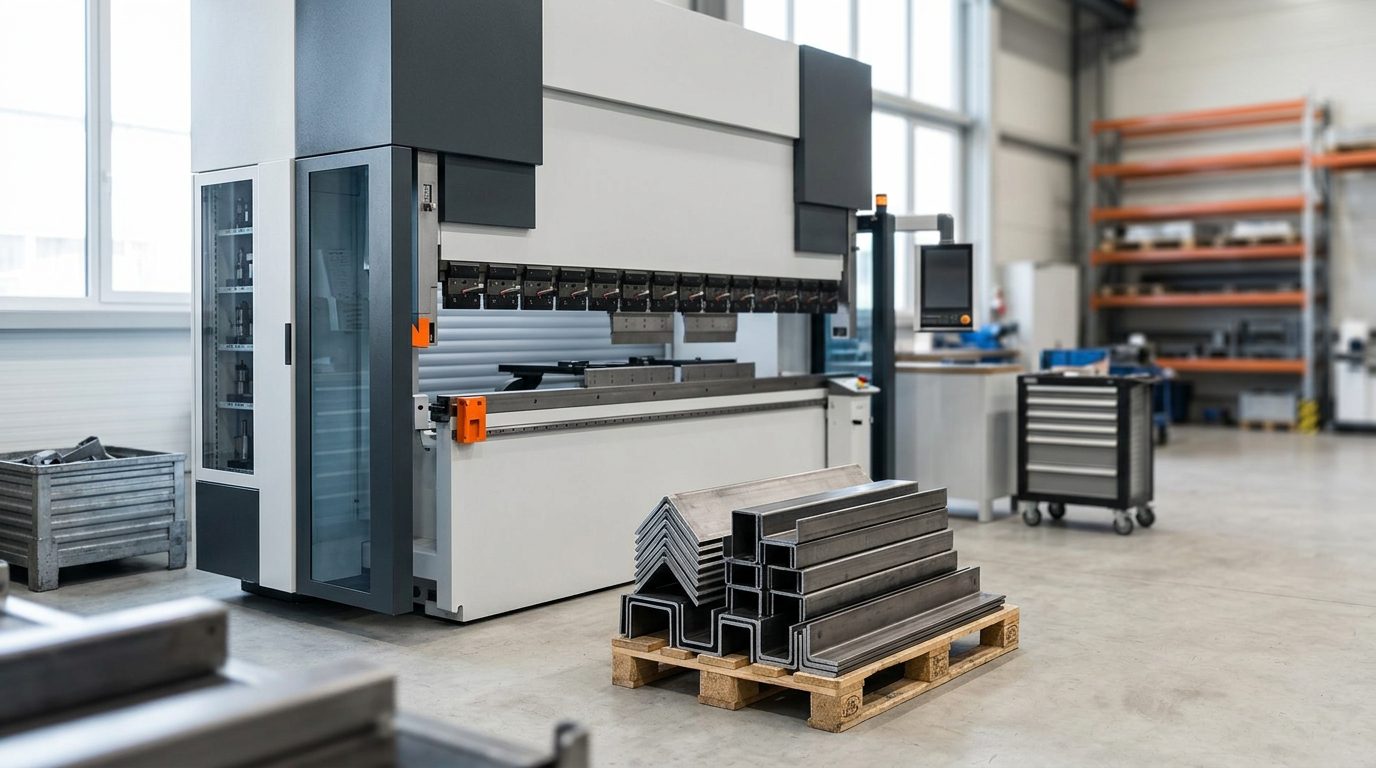Bent steel channels and angles stacked on a pallet next to a CNC press brake with an automatic tool changer