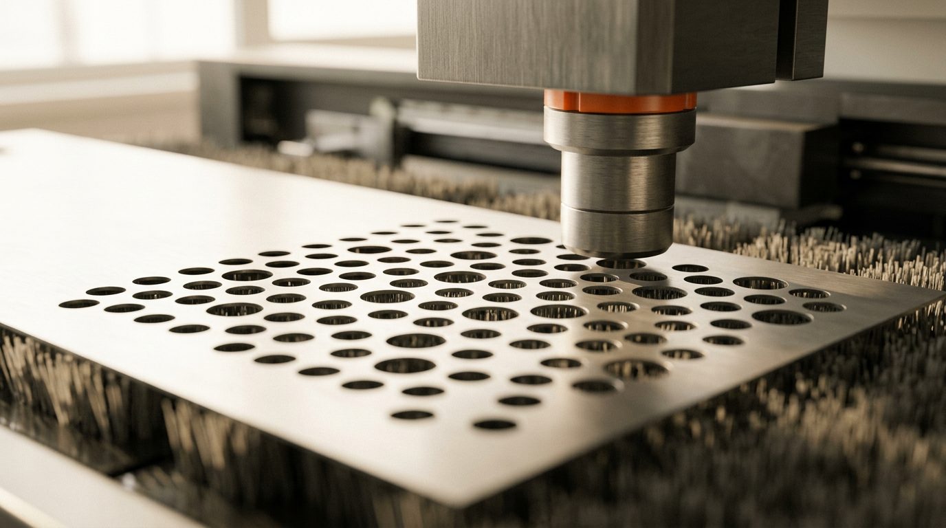 Tôle perforée à trous ronds en quinconce sur la table à brosses d'une machine, la tête de poinçonnage au-dessus