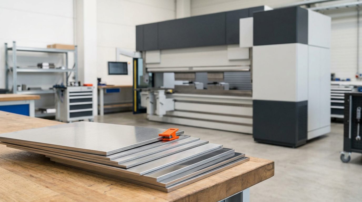 Stainless steel sheets of different thicknesses and surface finishes stacked like steps, a press brake with a tool magazine in the background