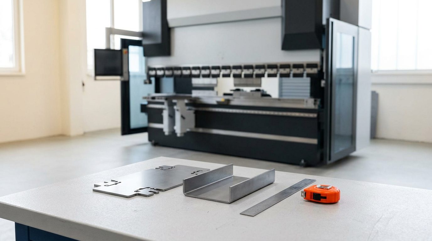Een vlakke uitslag met ontlastingsuitsparingen naast een afgewerkt gezet U-profiel, een stalen liniaal en een rolmaat op een werkbank, op de achtergrond een CNC-kantbank