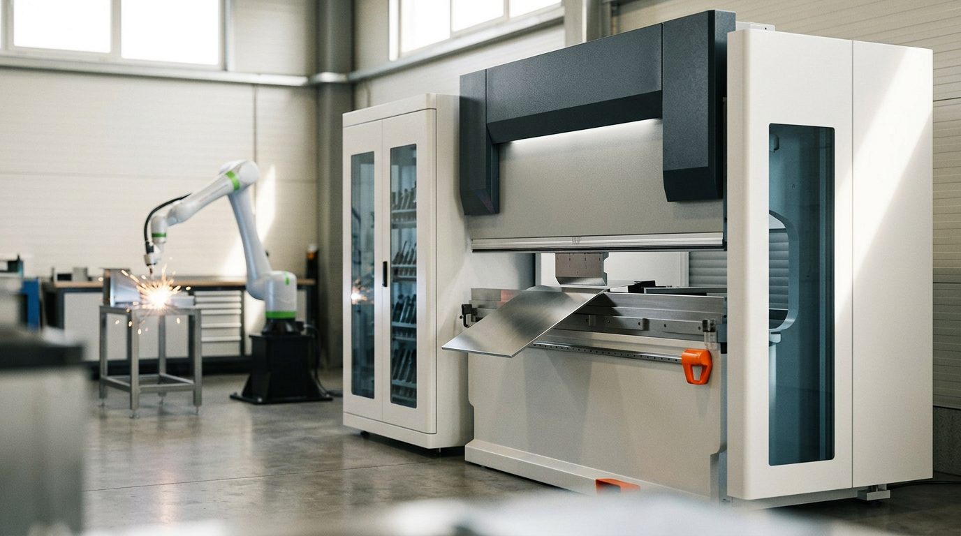 Pressa piegatrice CNC che piega una lamiera d'acciaio tra l'utensile superiore (punzone) e quello inferiore (matrice), accanto alla macchina un magazzino utensili automatico, sullo sfondo un robot collaborativo durante la saldatura laser