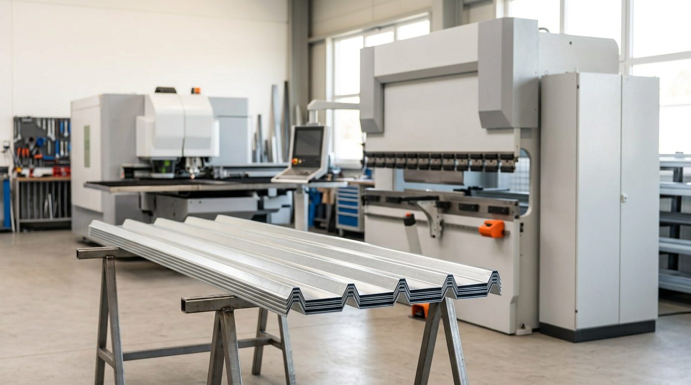 Galvanised box profile sheets resting on trestles, a punch-laser machine and a press brake in the background