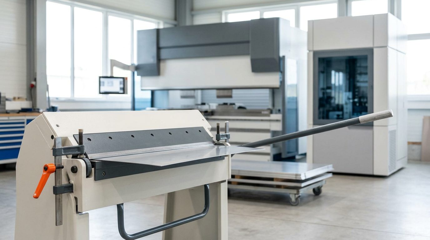 Handkantbank mit Schwenkhebel im Vordergrund, im Hintergrund eine CNC-Abkantpresse mit automatischem Werkzeugspeicher