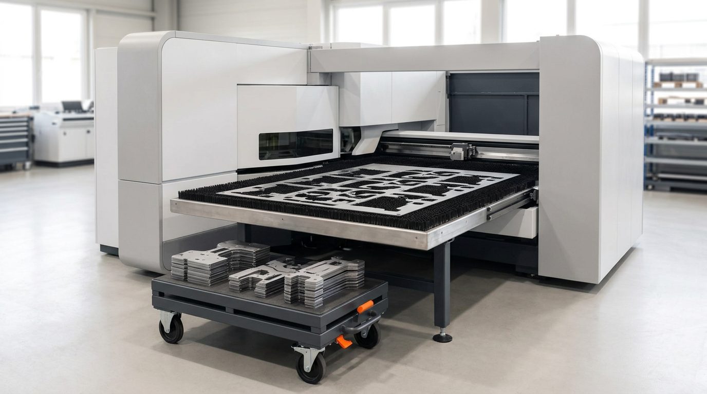 Het restskelet van een plaat op de uitgeschoven borsteltafel van een lasermachine, ervoor een trolley met afgewerkte lasersnijdelen in stapels