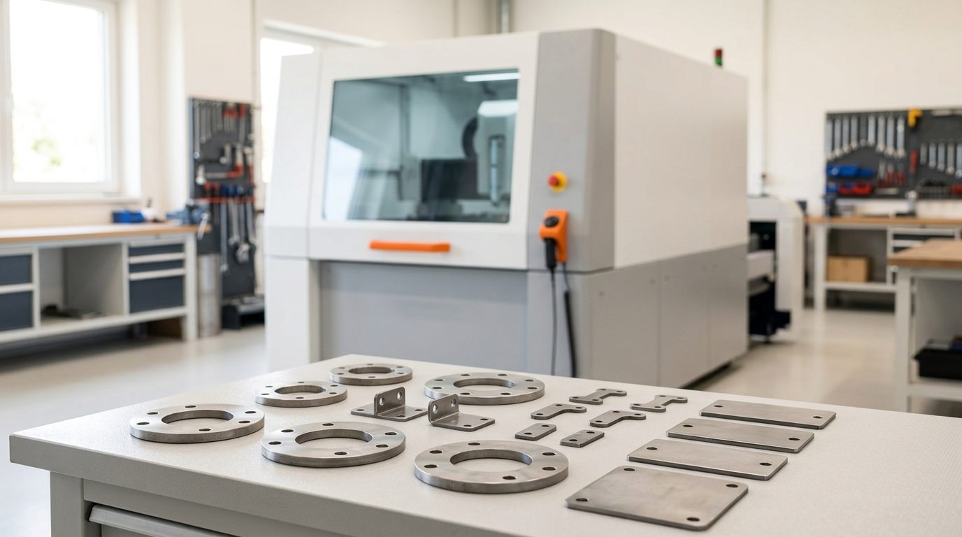 Vlakke lasergesneden stalen delen — flenzen met gaten, kleine beugels en plaatjes — uitgestald op een werkbank, op de achtergrond een lasermachine