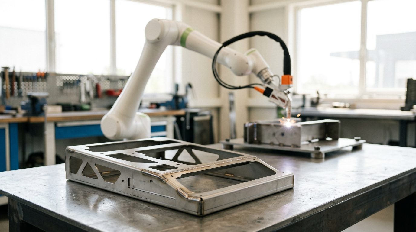 A welded frame made of laser-cut and bent sheet metal parts on a welding table, behind it a collaborative robot with a laser welding head