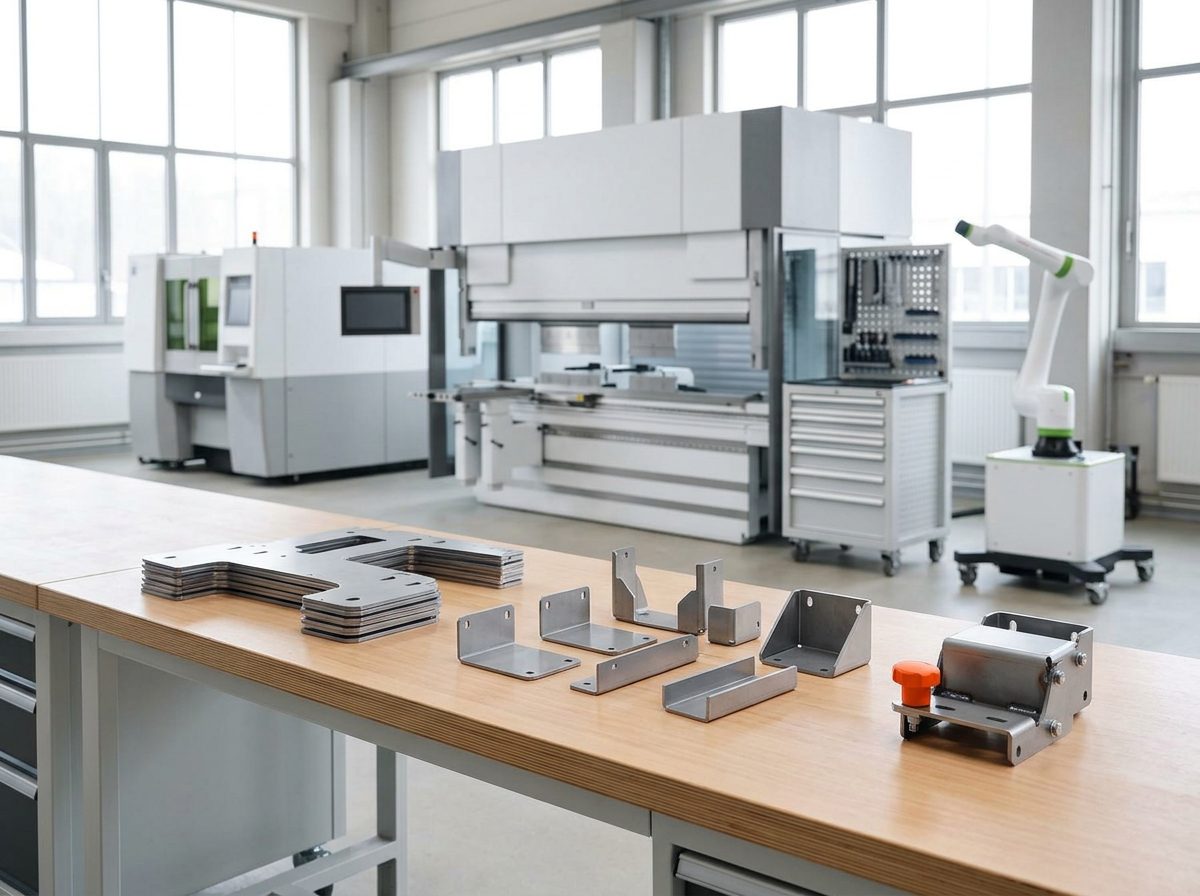 CNC press brake in a bright workshop with bent stainless parts on a side table