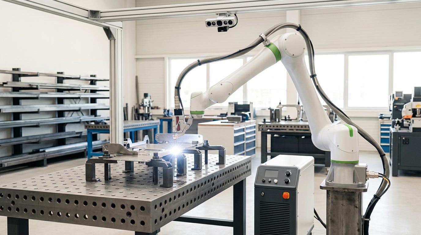 Fence-free robotic laser welding cell: a white collaborative robot with green accents holds the welding head over a part clamped on the welding table, the laser source stands alongside