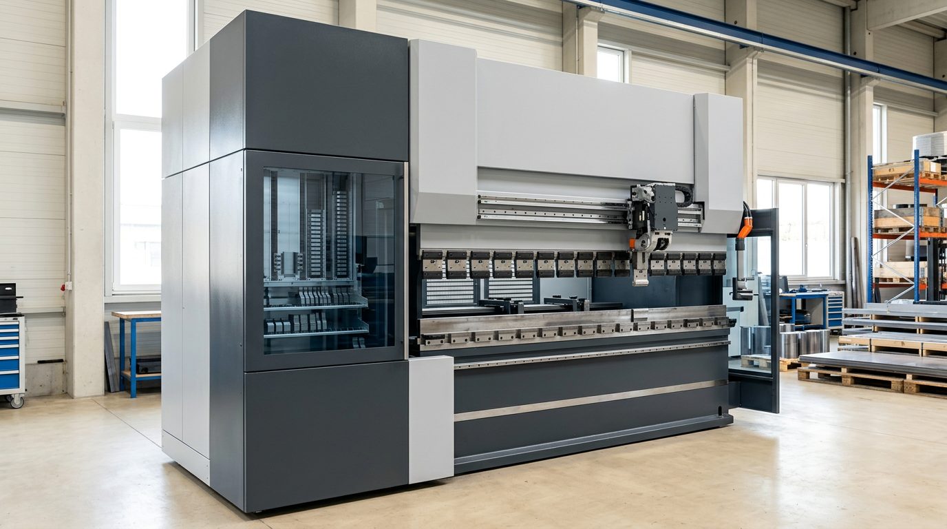 Press brake with an integrated automatic tool store at its side: upper tools (punches) and dies stored behind glass, a gripper travelling on a rail along the upper clamping beam slides a punch segment into the clamping rail
