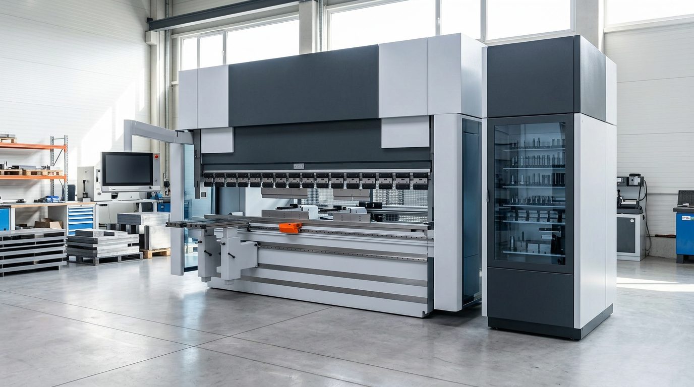 CNC press brake with a long bending line, upper tools (punches) and lower tools (dies), next to it a tall automatic tool store