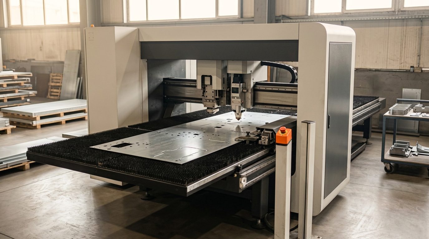 Punch-laser combination machine on the shop floor: the punching head next to the fibre-laser cutting head above a sheet with punched holes and cut contours, the sheet resting on brush tables and held by clamps